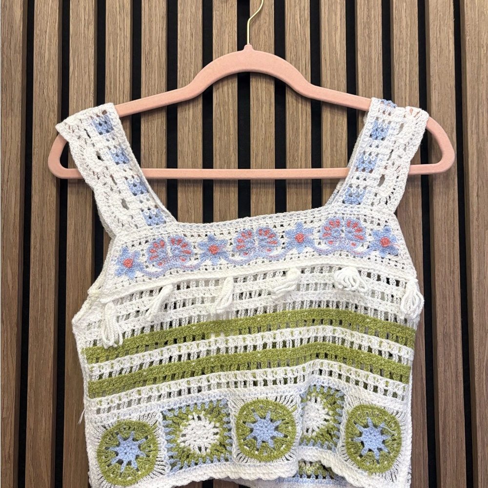 Handcrafted Crochet Tank Top - White, Green, Blue